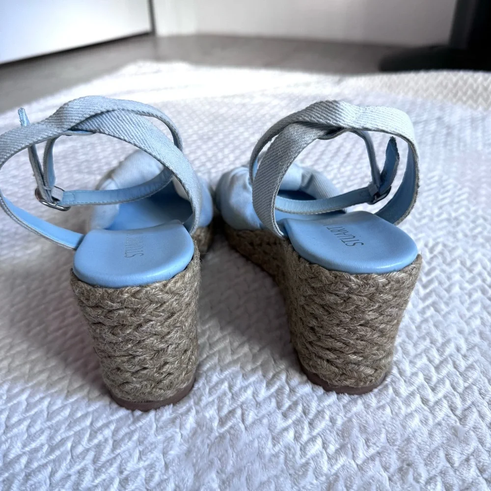Stuart Weitzman Playa Espadrille Knot Wedge Sandals 9 B Blue Denim Ankle Strap